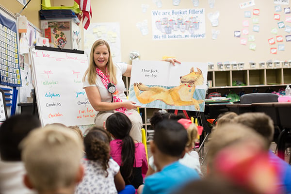 A elementary school teacher reads to a group of students.